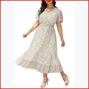 Plus Size Maxi Dress Chiffon Ruffle Sleeve V-Neck Belted Casual Summer